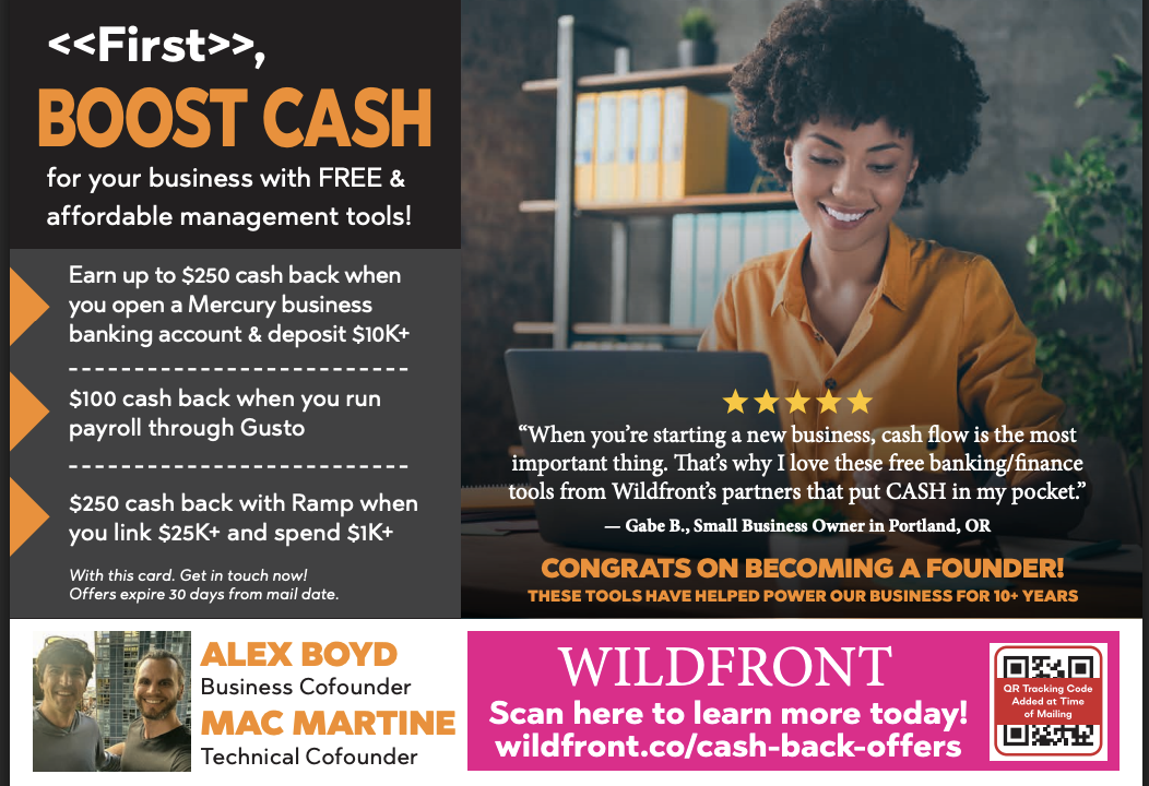 Our actual PostcardMania postcard creative &mdash; Boost Cash offer for new business owners