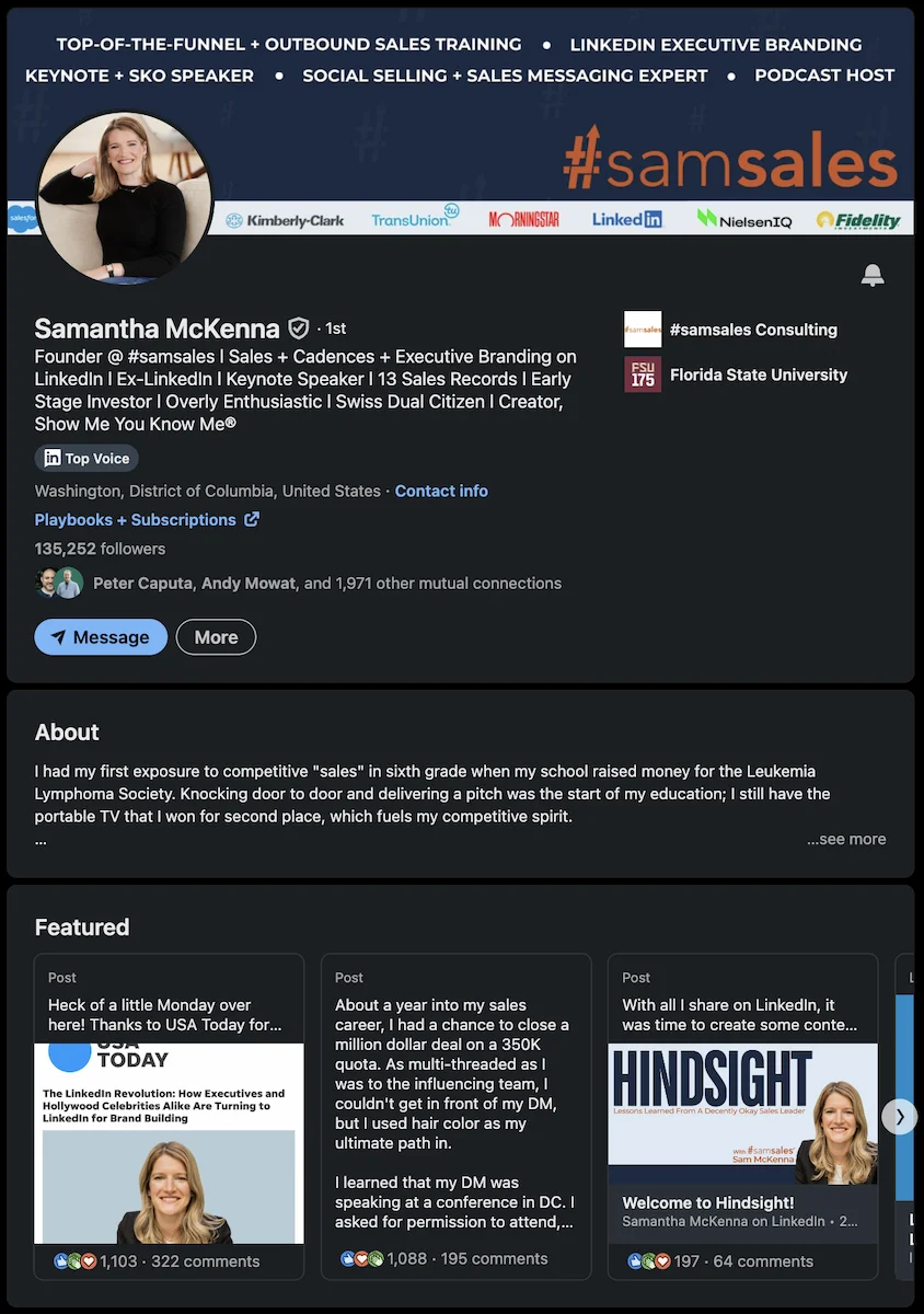 LinkedIn profile screenshot for Sam McKenna