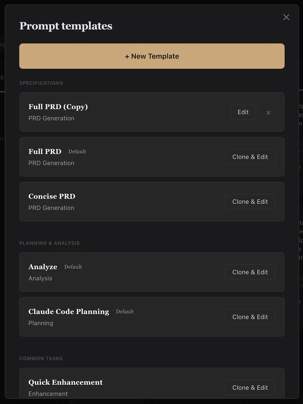 RalphBlaster prompt templates including Full PRD, Concise PRD, Analyze, and Claude Code Planning